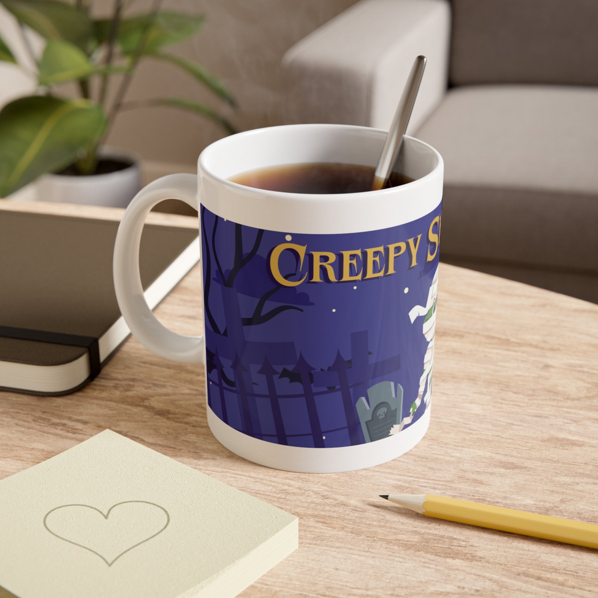 Creepy Skeletons and Mummy | Spooky Halloween Graveyard Scene | White Ceramic Mug